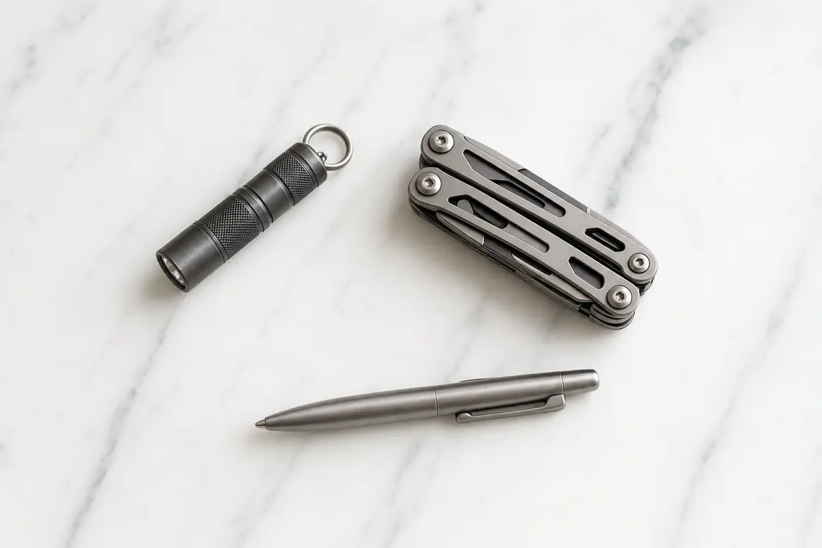 Three essential everyday carry items on a marble surface — flashlight, multitool, and pen
