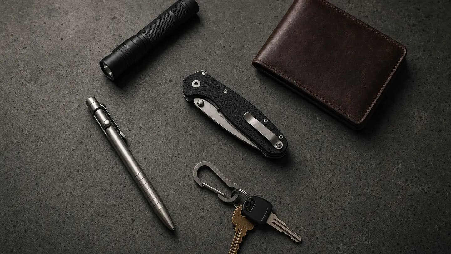 Minimal everyday carry items laid out on a dark surface — flashlight, multitool, pen, and wallet