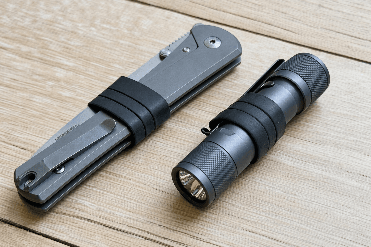 Two EDC tools wrapped with black rubber ranger bands cut from bicycle inner tube