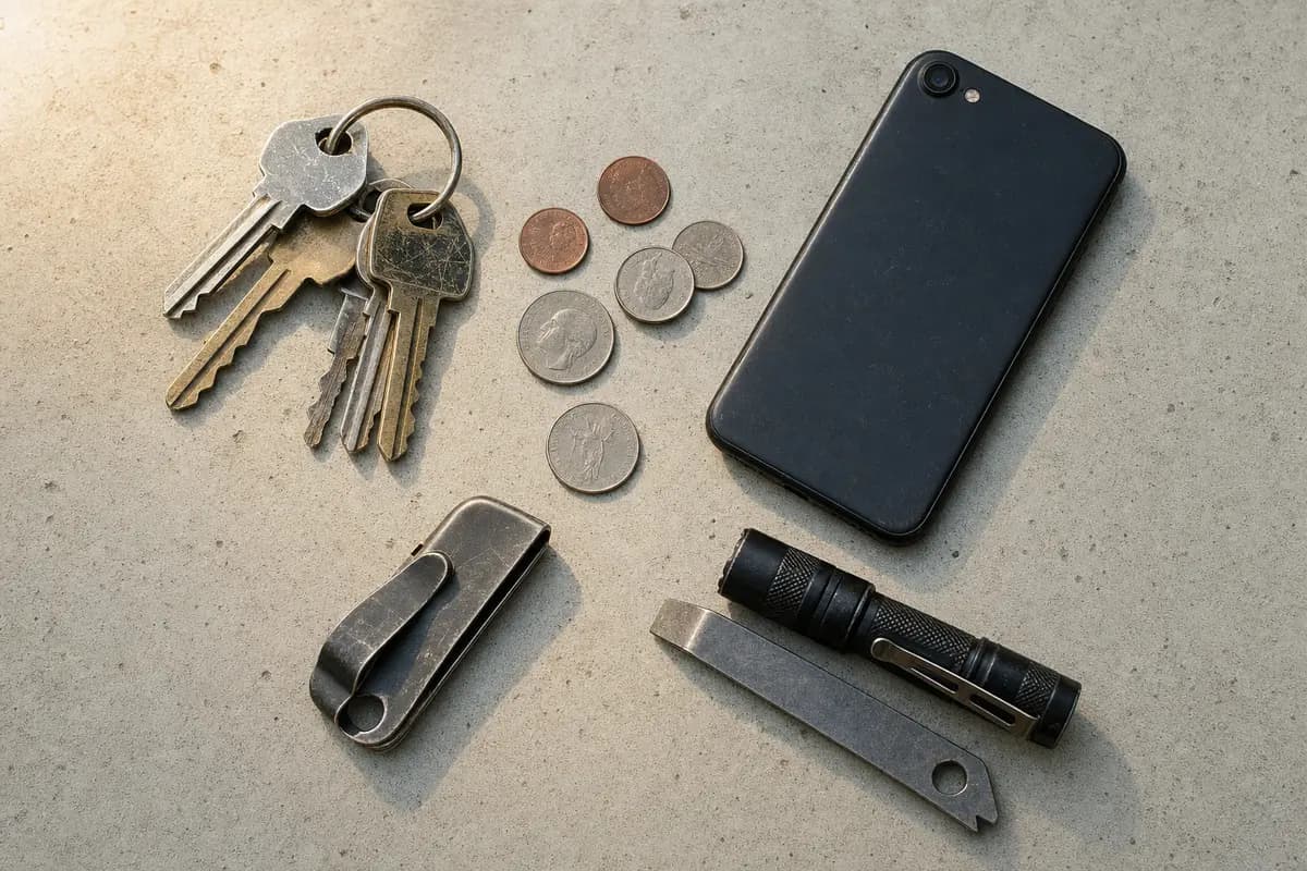 Scattered everyday carry items on a concrete surface — keys, coins, flashlight, and tools