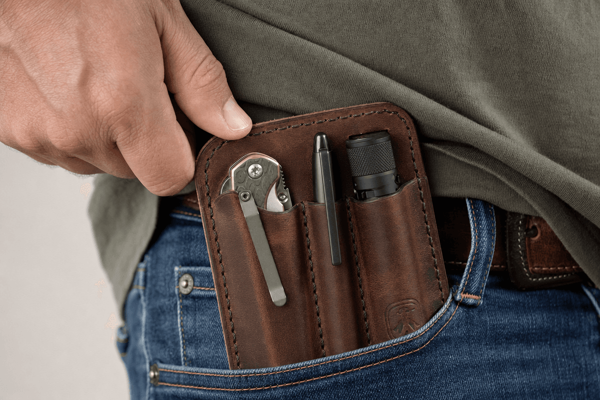 A leather pocket slip holding a knife, pen, and flashlight being pulled from a jeans pocket