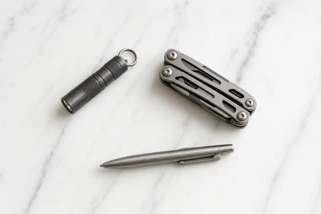 Three essential everyday carry items on a marble surface — flashlight, multitool, and pen