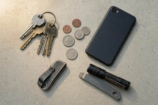 Scattered everyday carry items on a concrete surface — keys, coins, flashlight, and tools